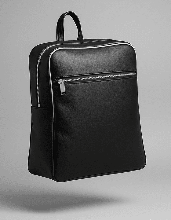 Black leather backpack with silver zippers